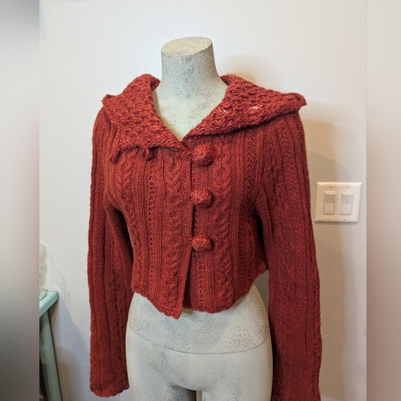 Vintage Y2K Anthropologie wool blend hooded knit crop cardigan,  orange Size XL - Picture 1 of 15